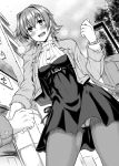  1boy 1girl alternate_costume bag breasts breath construction dress earrings greyscale halftone highres jacket jewelry kantai_collection kawajuu kinu_(kantai_collection) lamppost long_sleeves monochrome open_mouth out_of_frame panties panties_under_pantyhose pantyhose pantyshot pantyshot_(standing) road short_hair smile standing street tree underwear watch 
