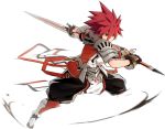  1boy armor black_gloves black_pants boots closed_mouth elsword elsword_(character) gloves highres holding holding_sword holding_weapon hwansang knee_boots lord_knight_(elsword) male_focus metal_boots official_art pants pauldrons red_eyes redhead serious solo spiky_hair surcoat sword weapon 