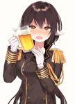  1girl alcohol azur_lane bangs beer beer_mug black_hair blush breasts buttons commentary_request cup drunk epaulettes eyebrows_visible_through_hair gloves hair_between_eyes holding horns long_hair long_sleeves looking_at_viewer manio medium_breasts mikasa_(azur_lane) military military_uniform open_mouth simple_background solo uniform upper_body white_background white_gloves 