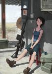  1girl ankle_boots bare_arms bare_shoulders belt black_hair boots brown_eyes commentary_request crate cup dated day fence glasses grenade_launcher hallelujah_zeng hat hat_removed headwear_removed holding magazine_(weapon) military original outdoors overalls porch rural short_hair signature sitting sky solo standing stool straw_hat weapon 