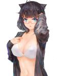  1girl animal_ears black_hair black_jacket blue_eyes bra breasts cat_ears chestnut_mouth commentary_request eyebrows_visible_through_hair glasses highres jacket kisei2 large_breasts long_sleeves looking_at_viewer navel open_clothes open_jacket open_mouth original red-framed_eyewear short_hair simple_background solo stomach underwear upper_body white_background white_bra 