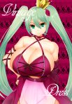  1girl breasts cleavage crown detached_sleeves facominn green_eyes green_hair grin hand_on_hip hatsune_miku highres huge_breasts long_hair looking_at_viewer smile solo twintails very_long_hair vocaloid 