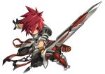 1boy absurdres armor black_gloves black_pants boots closed_mouth cropped_legs elsword elsword_(character) fighting_stance gloves hair_between_eyes highres holding holding_sword holding_weapon knee_boots lord_knight_(elsword) male_focus metal_boots official_art pants pauldrons red_eyes redhead ress serious solo spiky_hair surcoat sword weapon 