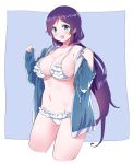  1girl :d aqua_eyes bikini blush breasts cleavage commentary frilled_bikini frills hood hoodie kurokawa_makoto large_breasts long_hair love_live! love_live!_school_idol_project low_twintails navel open_clothes open_hoodie open_mouth purple_hair smile solo swimsuit toujou_nozomi twintails very_long_hair white_bikini 