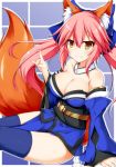  1girl animal_ears bare_shoulders blue_legwear blush bow breasts cleavage collarbone detached_sleeves fate/grand_order fate_(series) fox_ears fox_shadow_puppet fox_tail hair_bow hair_ribbon highres japanese_clothes large_breasts looking_at_viewer mizuki_(kogetsu-tei) off_shoulder pink_hair ribbon sitting solo tail tamamo_(fate)_(all) tamamo_no_mae_(fate) thigh-highs yellow_eyes 