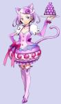  1girl animal_ears blue_background cat_ears cat_tail choker closed_mouth collarbone cosplay cure_macaron cure_macaron_(cosplay) cure_sword dokidoki!_precure earrings elbow_gloves food food_themed_hair_ornament full_body gloves hair_ornament highres jewelry kenzaki_makoto kirakira_precure_a_la_mode kurose_kousuke legs_together looking_at_viewer macaron macaron_hair_ornament magical_girl precure purple_choker purple_footwear purple_hair purple_legwear purple_skirt short_hair simple_background skirt smile solo spade_(shape) spade_earrings spade_hair_ornament standing tail thigh-highs tray 
