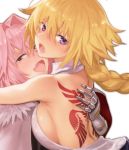  1boy 1girl :d astolfo_(fate) back_tattoo blonde_hair braid breasts commentary_request fang fate/apocrypha fate_(series) hug jeanne_d&#039;arc_(fate) jeanne_d&#039;arc_(fate)_(all) long_hair looking_at_viewer medium_breasts nekoi_mie open_mouth pink_eyes pink_hair sideboob simple_background single_braid smile tattoo trap violet_eyes white_background 