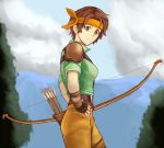  1girl arrow belt bow_(weapon) brown_eyes brown_hair clouds cloudy_sky cowboy_shot fingerless_gloves fire_emblem fire_emblem:_thracia_776 gloves hand_on_hip headband holding holding_bow_(weapon) holding_weapon looking_at_viewer nonji_(sayglo_halo) pants quiver short_hair short_sleeves sky solo tanya_(fire_emblem) weapon 