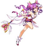  1girl ;d aisha_(elsword) bare_legs dimension_witch_(elsword) elsword full_body gloves highres holding holding_staff long_hair looking_at_viewer official_art one_eye_closed open_mouth purple_hair purple_skirt ress running shoes skirt smile solo staff standing standing_on_one_leg twintails violet_eyes white_footwear white_gloves 