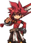  1boy :o artist_request belt brown_eyes cowboy_shot elsword elsword_(character) fingerless_gloves gloves hand_on_hip holding holding_sword holding_weapon knight_(elsword) looking_at_viewer male_focus official_art open_mouth over_shoulder red_shirt redhead shirt shorts solo spiky_hair sword weapon white_shorts 