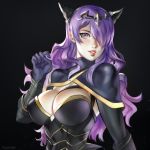  1girl absurdres black_background breasts camilla_(fire_emblem_if) fire_emblem fire_emblem_heroes fire_emblem_if gloves hair_over_one_eye highres large_breasts long_hair looking_at_viewer purple_hair ragecndy simple_background smile solo violet_eyes wavy_hair 