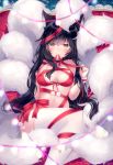  1girl ahri animal_ears bangs bell bell_collar black_hair blush bound breasts choker collar deviantart_username fox_ears fox_tail hand_on_own_chest highres kitsune league_of_legends long_hair looking_at_viewer medium_breasts shouu-kun sitting solo tail thigh-highs tied_up very_long_hair whisker_markings yellow_eyes 