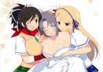  3girls :q ;d absurdres animal_ears asuka_(senran_kagura) bare_shoulders black_hair blonde_hair blue_eyes blush breast_grab breast_lift breasts brown_eyes brown_hair grabbing green_eyes grey_hair hair_ribbon highres huge_breasts japanese_clothes katsuragi_(senran_kagura) kimono long_hair multiple_girls necktie official_art one_eye_closed open_mouth ribbon scan school_uniform senran_kagura_(series) short_hair short_sleeves smile sweater_vest tongue tongue_out yaegashi_nan yellow_eyes yumi_(senran_kagura) 