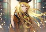  1girl black_hat blonde_hair brown_eyes commentary_request door eyebrows_visible_through_hair hand_up hat light_particles long_hair looking_at_viewer matara_okina shiyun solo tabard touhou upper_body wide_sleeves wind 