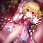  1girl :o absurdres blonde_hair broken cd cue_ball flandre_scarlet frilled_skirt frills from_above hair_between_eyes hair_ribbon hand_on_headphones headphones highres kyouda_suzuka looking_at_viewer lying on_back pink_skirt reaching_out red_eyes red_ribbon ribbon skirt solo stuffed_animal stuffed_toy teddy_bear touhou wings wrist_cuffs 