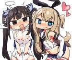  /\/\/\ 2girls :d armpits bangs bare_shoulders black_bow black_eyes black_hair black_neckwear blue_eyes blue_sailor_collar blue_skirt blush bow breast_squeeze breasts closed_mouth commentary_request crop_top crossover drooling dungeon_ni_deai_wo_motomeru_no_wa_machigatteiru_darou_ka elbow_gloves eyebrows_visible_through_hair gloves hair_bow hairband head_tilt heart heart-shaped_pupils hestia_(danmachi) kanikama kantai_collection large_breasts long_hair looking_at_viewer multiple_girls navel neckerchief nose_blush open_mouth pleated_skirt red_legwear rei_no_himo school_uniform serafuku shimakaze_(kantai_collection) skirt smile striped striped_legwear sweatdrop symbol-shaped_pupils thigh-highs twintails two_side_up v_arms white_gloves 