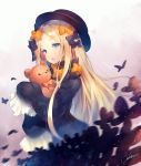  1girl abigail_williams_(fate/grand_order) bangs black_bow black_dress black_hat blonde_hair blue_eyes bow butterfly commentary_request deecha dress fate/grand_order fate_(series) forehead hair_bow hat long_hair long_sleeves looking_away object_hug orange_bow parted_bangs parted_lips polka_dot polka_dot_bow signature sleeves_past_wrists solo stuffed_animal stuffed_toy teddy_bear very_long_hair 