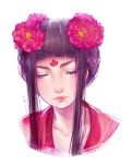  1girl artist_name bangs blunt_bangs chinese_clothes closed_eyes closed_mouth eyelashes facial_mark facing_viewer flower forehead_mark fuwaffy hair_flower hair_ornament lips long_hair mu_dan nose original peony_(flower) purple_hair red_flower simple_background solo tattoo white_background 