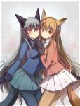  2girls animal_ears ezo_red_fox_(kemono_friends) fox_ears jacket kemono_friends multiple_girls orange_jacket shadowsinking silver_fox_(kemono_friends) tail yuri 