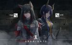  2girls animal_ears arknights arm_at_side arms_at_side bangs black_gloves black_hair blue_hair brown_eyes bullet_hole capelet cenm0 ch&#039;en_(arknights) character_name closed_mouth copyright_name earpiece earrings fingerless_gloves flipped_hair fog fox_ears from_side gloves hair_between_eyes hair_ornament hairclip hand_on_hip highres horns jacket jewelry logo long_hair long_sleeves looking_at_viewer medal midriff_peek military military_uniform multicolored_hair multiple_earrings multiple_girls name_tag open_clothes open_jacket outdoors profile redhead serious sheath sheathed shirt sidelocks smile smoke star strap sword tag texas_(arknights) twintails uniform violet_eyes walkie-talkie wall weapon white_jacket white_shirt 