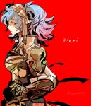  1girl armor artist_name blue_hair character_name fire_emblem fire_emblem_if gloves hairband pieri_(fire_emblem_if) pink_hair red_background simple_background solo torisudesu twintails upper_body yellow_eyes 