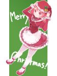  adjusting_clothes adjusting_hat alternate_costume apron bell collar dress frilled_collar frilled_skirt frills from_above hair_bobbles hair_ornament hat high_heels highres kantai_collection looking_at_viewer merry_christmas pink_eyes pink_hair red_dress santa_costume santa_hat sazanami_(kantai_collection) shoes short_hair skirt smile suppaman_(rfjy) thigh-highs twintails white_legwear 
