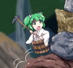  1girl bucket climbing eyebrows_visible_through_hair getting_over_it green_eyes green_hair hair_bobbles hair_ornament japanese_clothes kisume long_sleeves rock short_hair sledgehammer solo sotomichi sweat touhou two_side_up wide_sleeves 