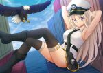  1girl armpits arms_behind_head azur_lane bird black_footwear black_legwear black_neckwear black_skirt blue_sky boots commentary crate eagle enterprise_(azur_lane) eyebrows_visible_through_hair hat highres kazenokaze legs_crossed long_hair looking_at_viewer miniskirt necktie peaked_cap shirt sitting skirt sky sleeveless sleeveless_shirt smile solo thigh-highs very_long_hair violet_eyes white_hair white_shirt 