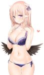  1girl bangs bare_arms bare_shoulders black_wings blush bra breasts cleavage closed_mouth collarbone cowboy_shot groin hands_on_own_chest heart highres horns lace lace-trimmed_bra large_breasts lingerie long_hair looking_at_viewer low_wings lowleg lowleg_panties navel panties pink_hair purple_bra purple_panties purple_ribbon revision ribbon shiny shiny_hair side-tie_panties simple_background sino_(sionori) skindentation smile solo sparkle standing stomach succubus-san_no_hatsu_shigoto sweat tareme translation_request under-rim_eyewear underwear violet_eyes white_background wings 
