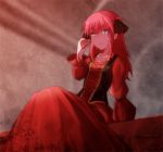  1girl blue_eyes dress elizabeth_bathory_(fate) elizabeth_bathory_(fate)_(all) fate_(series) hair_ribbon long_hair long_sleeves looking_at_viewer minafuni pink_hair red_dress ribbon solo two_side_up 