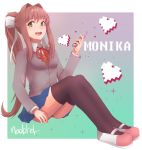  1girl :d arm_up artist_name bangs black_legwear bow breasts brown_hair cellphone collared_shirt commentary doki_doki_literature_club eyebrows_visible_through_hair full_body gradient gradient_background green_eyes grey_jacket hair_bow highres holding holding_phone jacket long_hair long_sleeves looking_at_viewer mary_janes medium_breasts monika_(doki_doki_literature_club) naobhal open_mouth orange_vest phone pixel_heart pixelated ponytail red_neckwear ribbon school_uniform shirt shoes sidelocks signature sitting smartphone smile solo teeth thigh-highs upper_teeth upskirt vest white_footwear 