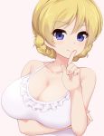  1girl blonde_hair blue_eyes breasts cleavage closed_mouth commentary_request darjeeling eyebrows_visible_through_hair girls_und_panzer index_finger_raised kuro_mushi large_breasts looking_at_viewer pink_background short_hair simple_background smile solo upper_body 