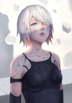  1girl android bare_shoulders black_tank_top blank_stare blue_eyes check_translation collarbone debris du_mogu hair_over_one_eye highres looking_up mole mole_under_mouth nier_(series) nier_automata open_mouth short_hair silver_hair solo torn_clothes translation_request upper_body upper_teeth yorha_type_a_no._2 