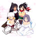  4girls absurdres aqua_eyes arm_guards asuka_(senran_kagura) bangs bare_shoulders black_hair black_legwear blue_eyes bow breasts brown_eyes cape choker cleavage collarbone floral_background green_skirt grey_hair hair_bow highres homura_(senran_kagura) japanese_clothes jewelry kimono kneeling large_breasts long_hair looking_at_viewer miyabi_(senran_kagura) multiple_girls necklace necktie official_art open_mouth scan school_uniform senran_kagura senran_kagura_(series) senran_kagura_shinovi_versus short_sleeves simple_background sitting skirt sweater_vest thigh-highs white_hair wide_sleeves yaegashi_nan yellow_eyes yumi_(senran_kagura) zettai_ryouiki 