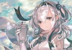  1girl bird closed_mouth clouds cloudy_sky commentary_request copyright_request day gloves grey_eyes hairband holding looking_at_viewer outdoors rioka_(southern_blue_sky) silver_hair sky solo upper_body white_gloves 