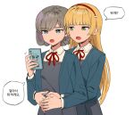  2girls blonde_hair blue_eyes blue_jacket cellphone dress eyebrows_visible_through_hair green_eyes grey_dress grey_hair hairband heanna_sumire holding holding_phone hug hug_from_behind jacket korean_text long_hair long_sleeves love_live! love_live!_superstar!! multiple_girls namgic neck_ribbon open_mouth phone pinafore_dress red_hairband red_ribbon ribbon short_hair simple_background smartphone speech_bubble tang_keke translation_request upper_body white_background 