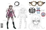  1girl antenna_hair bangs barbed_wire blonde_hair blue_eyes boots bow breasts character_sheet choker collarbone concept_art dangan_ronpa fingerless_gloves full_body gloves goggles goggles_on_head hair_between_eyes high_heel_boots high_heels highres iruma_miu komatsuzaki_rui long_hair looking_at_viewer multiple_views new_dangan_ronpa_v3 official_art open_mouth pleated_skirt reference_sheet school_uniform serafuku simple_background skirt smile tongue tongue_out translation_request wavy_hair white_background 