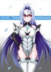  1girl absurdres android bare_shoulders blue_hair breasts elbow_gloves expressionless forehead_protector gloves highres kos-mos kos-mos_re: large_breasts leotard long_hair looking_at_viewer mecha_musume red_eyes solo standing thigh-highs thighs very_long_hair white_leotard xenoblade xenoblade_2 xenosaga 