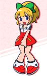  1girl bangs black_legwear blonde_hair blue_eyes blush_stickers bow commentary_request dress eyebrows_visible_through_hair full_body green_bow hair_bow hooded_dress looking_at_viewer open_mouth pink_background ponytail red_dress red_footwear rockman rockman_11 roll sashisaki_ryuunoshin shadow shoes short_sleeves sidelocks skirt_hold socks solo standing zipper 