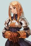  1girl agrias_oaks armor armored_dress bangs black_eyes blonde_hair blue_background braid breastplate brown_gloves closed_mouth copyright_request final_fantasy final_fantasy_tactics gloves hankuri high-waist_skirt long_hair looking_to_the_side own_hands_together plate_armor simple_background single_braid skirt solo spaulders standing 