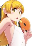  1girl :o backless_outfit blonde_hair blush_stickers commentary_request doughnut eyebrows_visible_through_hair fang food long_hair looking_at_viewer monogatari_(series) murata_isshin oshino_shinobu simple_background solo upper_body white_background yellow_eyes 