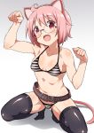  1girl animal_ears arm_up bangs bikini black_legwear blush breasts brown_belt cat_ears cat_tail collarbone eyebrows_visible_through_hair fake_animal_ears glasses gradient gradient_background hand_up looking_at_viewer no_shoes nonohara_yuzuko open_mouth paw_pose pink_eyes pink_hair rimless_eyewear shadow short_hair simple_background small_breasts solo squatting striped striped_bikini swimsuit tail thigh-highs yuyushiki 