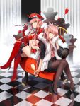  2girls alcohol alluring_chief_warden_look alternate_costume boots champagne checkered checkered_floor cup drinking_glass dual_persona elbow_gloves fate/grand_order fate_(series) flower fur_scarf gloves hat high_heels highres long_hair looking_at_viewer medb_(fate/grand_order) midriff multiple_girls navel one_eye_closed pantyhose parted_lips peaked_cap petals pink_hair reflection riding_crop rose shimo_(s_kaminaka) sitting skirt thigh-highs thigh_boots tiara wine_glass yellow_eyes 
