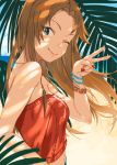 1girl ;&gt; ;) aqua_eyes bare_arms beach blue_sky bracelet closed_mouth daifukumochi_(qquuiieett) dappled_sunlight day fingernails floating_hair forehead hair_intakes hand_up highres idolmaster idolmaster_cinderella_girls jewelry leaf light_brown_hair long_hair looking_at_viewer looking_back matsumoto_sarina midriff nail_polish navel ocean one_eye_closed outdoors palm_leaf red_nails sand sky sleeveless smile solo strapless sunlight tsurime v water wind 