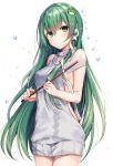  1girl absurdres backless_outfit bangs bare_shoulders breasts cowboy_shot fanbox_reward frog_hair_ornament gohei green_eyes green_hair grey_sweater hair_ornament hair_tubes heart highres holding kochiya_sanae komeshiro_kasu long_hair looking_at_viewer medium_breasts meme_attire paid_reward sideboob simple_background snake solo standing sweater touhou turtleneck turtleneck_sweater very_long_hair virgin_killer_sweater white_background 