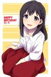  1girl :d bangs between_legs black_hair blush braid collared_shirt commentary_request copyright_request dated english grey_eyes hand_between_legs happy_birthday long_hair long_sleeves looking_at_viewer open_mouth red_skirt sekina shirt sitting skirt smile socks solo striped striped_background white_legwear white_shirt yellow_background 