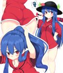  1girl alternate_costume ass bare_legs baseball_bat black_hat blue_hair blush breasts cleavage commentary_request food fruit hand_on_hip hand_up hat hinanawi_tenshi jacket lolimate long_hair looking_at_viewer multiple_views peach ponytail red_eyes simple_background small_breasts spoken_squiggle squiggle touhou very_long_hair white_background 