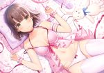  1girl 6u_(eternal_land) arm_garter babydoll bangs bare_shoulders bed_sheet bow bow_panties breasts brown_eyes brown_hair cleavage closed_mouth collarbone commentary_request frilled_pillow frills hair_between_eyes katou_megumi looking_at_viewer lying medium_breasts navel on_back panties pillow saenai_heroine_no_sodatekata short_hair smile solo strap_slip stuffed_animal stuffed_bunny stuffed_toy thigh-highs underwear underwear_only white_legwear white_panties wrist_cuffs 