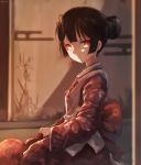  1girl back_bow black_hair bow closed_mouth commentary_request dyolf fate/kaleid_liner_prisma_illya fate_(series) glowing hair_bun indoors japanese_clothes kimono kneeling large_bow looking_at_viewer miyu_edelfelt red_kimono seiza short_hair sitting solo 