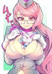  1girl between_breasts breasts choker creature fang fate/grand_order fate_(series) fou_(fate/grand_order) glasses gloves hair_over_one_eye hat highres hood hoodie koyanskaya large_breasts long_hair looking_at_viewer midriff open_clothes open_hoodie pink_hair ribbon ribbon_choker smile solo very_long_hair white_gloves wisespeak yellow_eyes 